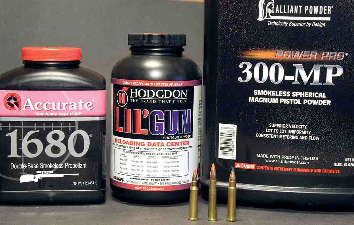 Accurate 1680, Hodgdon Lil’Gun and Alliant Power Pro 300-MP all work in all three Hornet cartridges, but none were designed specifically for that purpose.